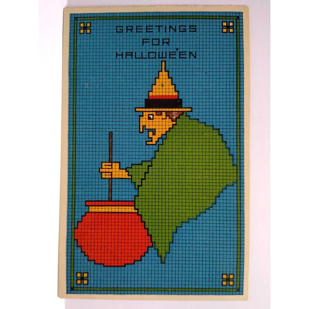 Halloween Postcard Rare Checkered Witch Fantasy Cauldron Grid Pattern Gibson
